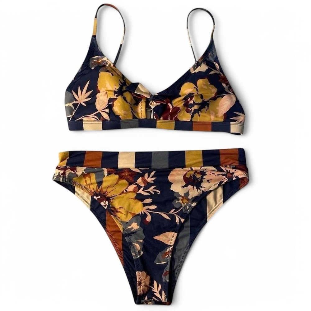 Quiksilver Blue and Yellow Bikini Set with Bold Floral Design